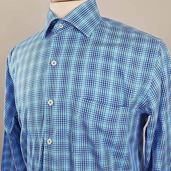 Peter Millar Blue Checker Plaid Long-Sleeve Button-Up Shirt Men's Medium - Picture 4 of 12
